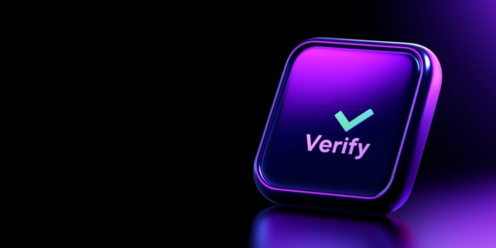 Verify button with a green checkmark icon on purple background photo