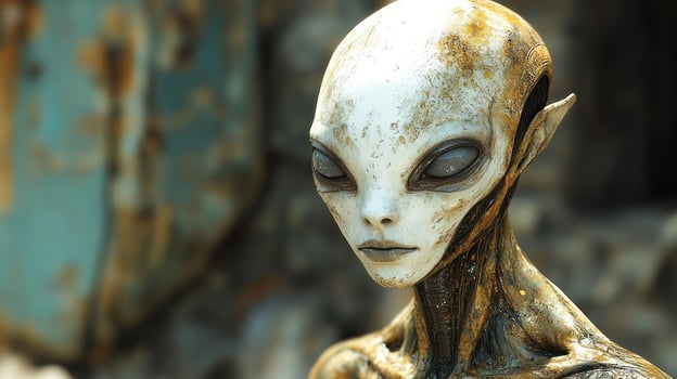 An alien with an enigmatic expression stands amidst the ruins, evoking curiosity and wonder photo