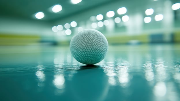A solitary white ball stands still on a polished surface in a vibrant gym, radiating energy photo