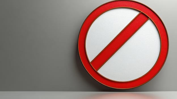 A vibrant no entry sign is prominently placed against a neutral gray wall, symbolizing restrictions photo