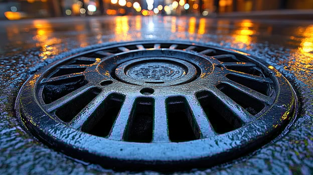 Rain glistens on a manhole cover, reflecting the soft glow of city lights in the background photo