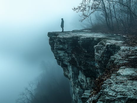 solitary figure gazes into void from edge of foggy cliff surrounded muted colors and diffused light enhance sense of introspection and unease photo