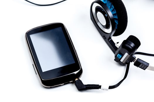 audio player with headphones isolated on white background photo
