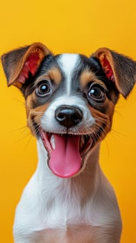 A dog with its tongue out on a yellow background photo