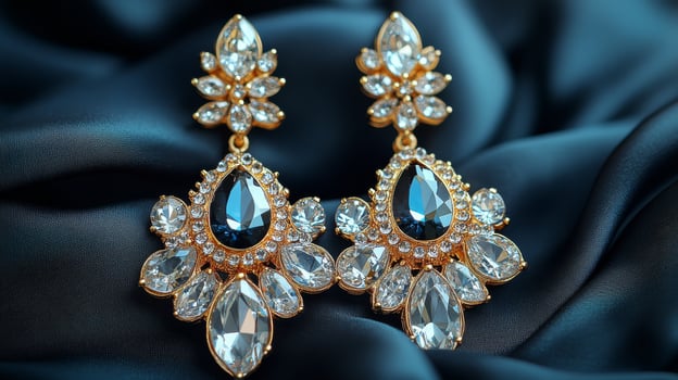 Golden earrings with blue stones on a satin cloth photo