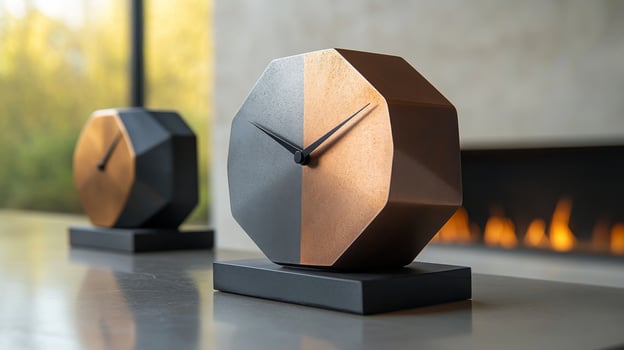 Two clocks sitting on a table in front of a fireplace photo