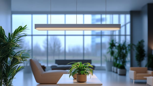 A modern living room with a large window and a potted plant photo
