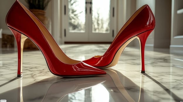 A pair of red high heels on a marble floor photo