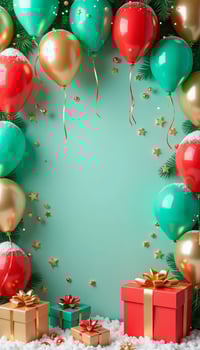 Christmas tree branches with gift boxes and balloons on turquoise background photo