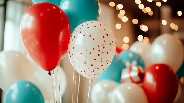 Colorful birthday balloons on blurred background, close-up. Festive decoration photo