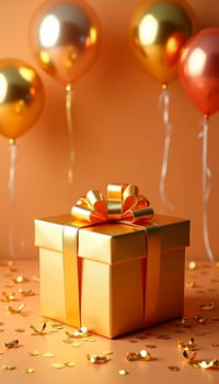 Gift box with golden ribbon and balloons on orange vertical background, closeup photo