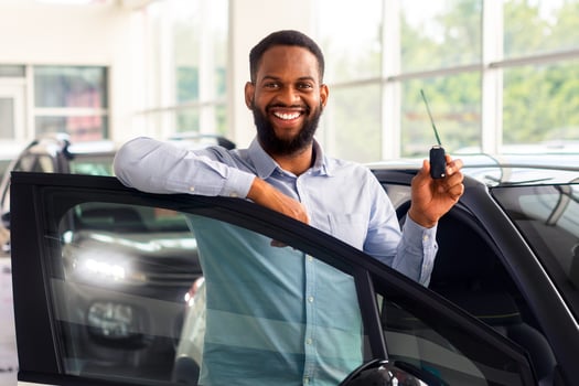 Buying Auto. Portrait Of Happy Black Man With Keys In Hand Standing Near His New Car, Excited Cheerful African American Male Customer Purchasing Automobile In Modern Dealership Center, Free Space photo