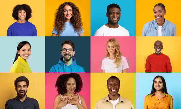 A vibrant collage featuring a diverse group of happy individuals with different backgrounds. Each person exudes positivity, reflecting a joyous lifestyle and unity among cultures. photo