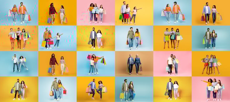 A lively collection of people engages in shopping activities, showcasing colorful bags filled with purchases. The atmosphere reflects excitement and consumerism typical of a sale event. photo