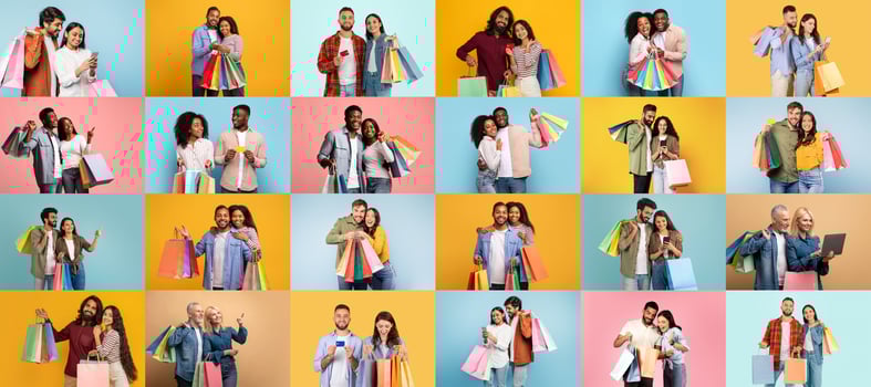 Various groups of people celebrate shopping during Black Friday, holding colorful bags in a festive atmosphere. Each couple and group showcases excitement for great deals and discounts. photo