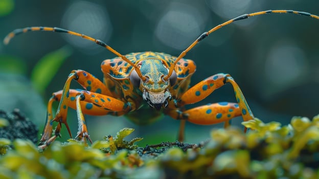 A close-up of an insect with a vibrant orange and blue body, featuring long antennae and a distinctive pattern on its back. photo