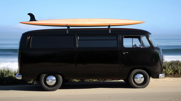 A vintage van by the beach, surfboard atop photo