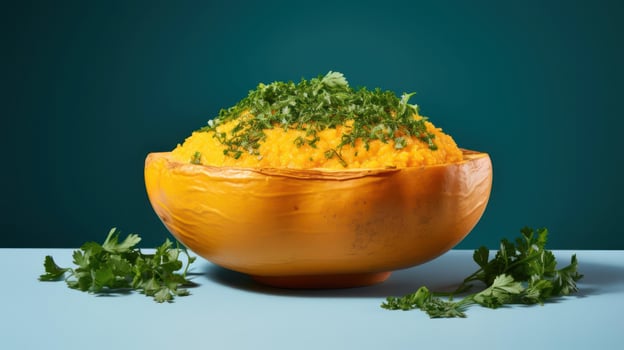 A bowl of pumpkin risotto topped with parsley, served in a pumpkin shell. photo