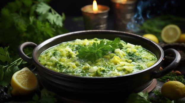 A bowl of green soup with herbs and lemon photo