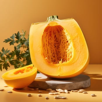 A halved spaghetti squash with its seeds and pulp removed, revealing a hollow cavity lined with thin strands of flesh that resemble cooked spaghetti. photo