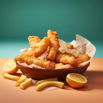 A bowl of fish and chips with lemon slices photo