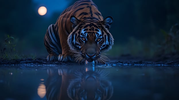 Bengal tiger drinking waterhole under glow of full moon reflection shimmering faintly still water surrounding jungle casts long shadows captured a low light telephoto lens for nocturnal beauty photo