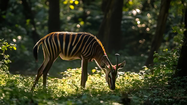 Bongo grazing peacefully a sunlit forest clearing its striped body glowing against the lush green foliage captured with a telephoto lens for natural framing photo