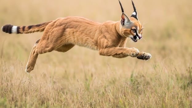 Caracal mid pounce its prey in a grassy savanna its muscular body stretched and ears tufted sharply upwards captured with a high speed telephoto lens to freeze the intense action photo