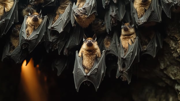 Colony of fruit bats hanging the ceiling of a dark cave illuminated by faint beams of light entering from a small opening captured with a low light telephoto lens for eerie realism photo