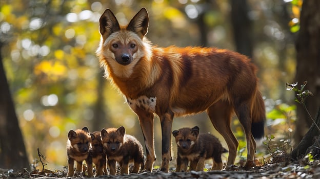 Dhole Indian wild dog standing protectively over pups in a sunlit forest clearing its russet fur glowing under dappled light captured with a telephoto lens for emotional focus photo