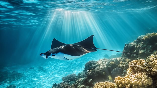Majestic manta ray gliding gracefully through turquoise waters near coral reef with sunlight beams piercing the surface captured with a wide angle underwater lens for immersive detail photo