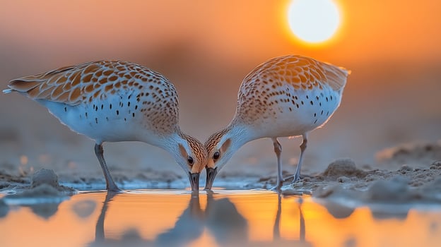 Pair of sandgrouse drinking a shallow desert waterhole at sunrise their feathers reflecting the warm hues of early morning light captured with a low angle telephoto lens photo