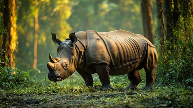 Rare Javan rhino grazing a secluded forest clearing its armored skin glowing under filtered sunlight surrounded by dense jungle captured with a telephoto lens for a rare wildlife moment photo