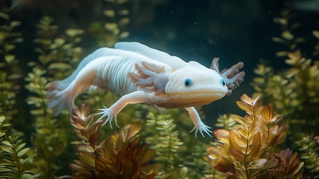 Rare white axolotl swimming gracefully among vibrant aquatic plants crystal clear waters its delicate gills softly illuminated by natural sunlight photo