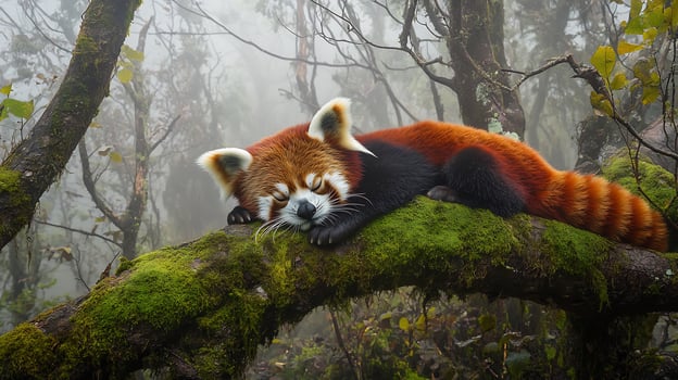 Red panda curled up moss covered tree branch peacefully sleeping in a misty Himalayan forest its vibrant fur contrasting with the muted surroundings captured with a shallow depth of field for focus photo