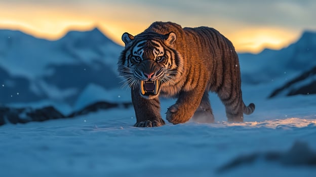 Saber toothed tiger stalking prey across snow covered tundra sharp fangs illuminated soft glow of twilight distant glaciers framing the scene captured with a telephoto lens for dramatic tension photo