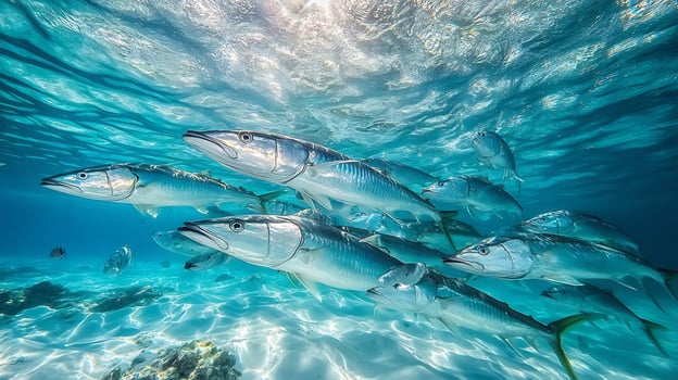 Swirling school of barracudas crystal clear tropical waters their silver bodies reflecting sunlight as they move in unison captured with a wide angle underwater lens for dramatic effect photo