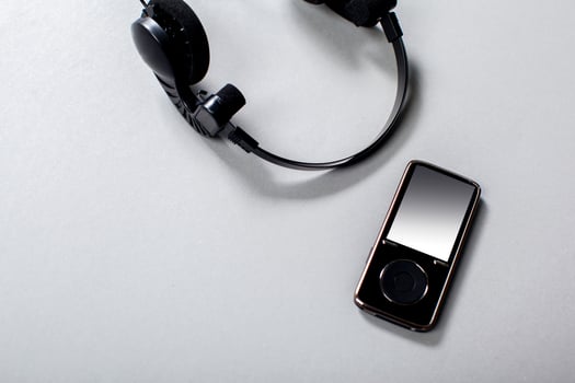 Audio Headphones with Cord on Grey Background photo