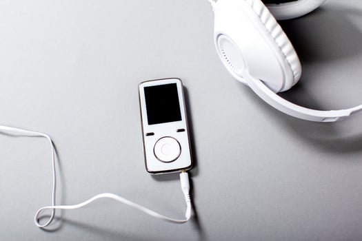 Audio Headphones with Cord on Grey Background photo