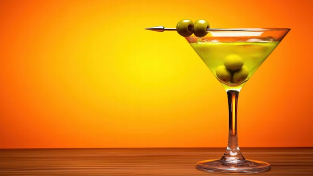 Photostock of Beverages, A vibrant martini glass with green olives against a bright orange background, evoking a lively and refreshing cocktail vibe. photo