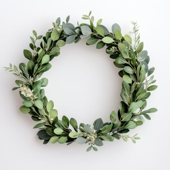 Greenery clean floral, Lush green leafy wreath on a neutral background. photo