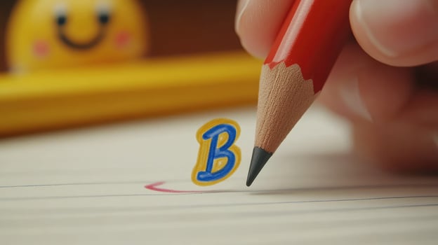 Student writing letter b with red pencil on notebook page with smiley face icon in background photo