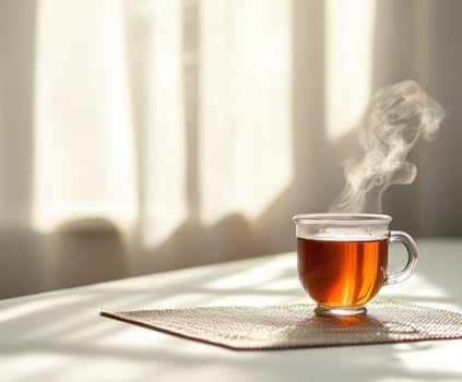 Hot cup of tea rests on a table with steam rising in a warm, sunlit room during the morning photo