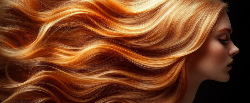 Golden strands flowing in soft light. A woman with long, flowing golden hair poses elegantly against a dark background, showcasing her hair's vibrant texture. photo