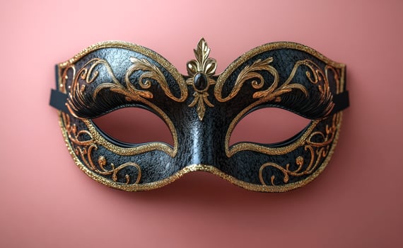 Black and gold decorative mask. A beautifully crafted black and gold mask featuring intricate designs, perfect for festive occasions and masquerades. photo