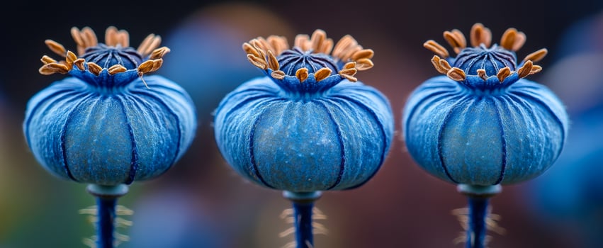 Blue poppy flowers arranged in a row. Three striking blue poppy flowers stand in a row, showcasing their unique shape and vibrant color during daylight. photo