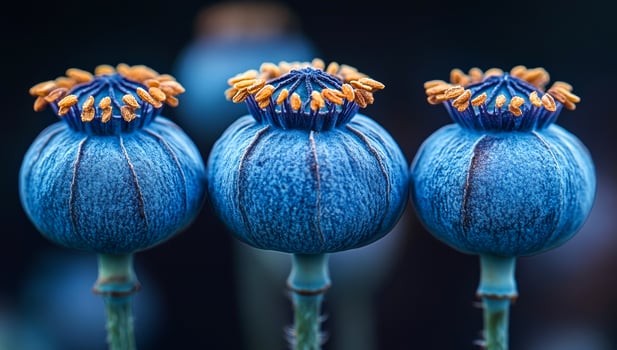 Distinctive blue flowers, bold details. Close-up view of vibrant blue flowers showcasing intricate petal structures during a sunny day in nature. photo