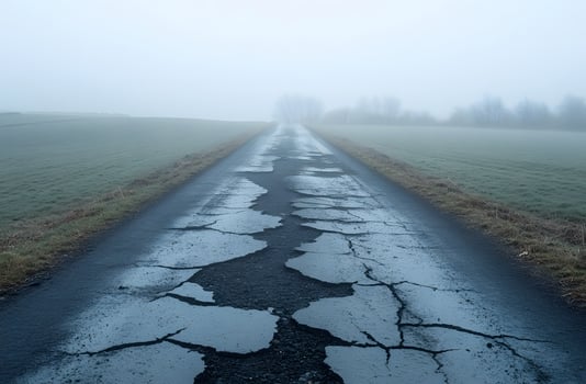 Cracked Road Disappearing Into Foggy Fields photo