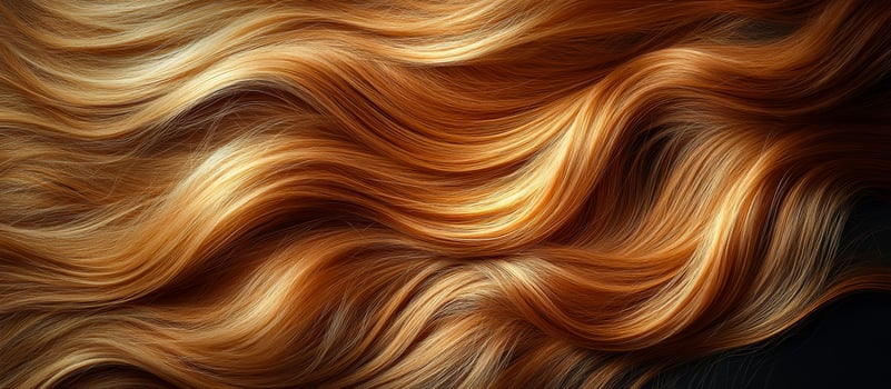 Golden hair on dark surface. Long, wavy golden hair cascades over a dark background, showcasing its texture and shine in soft light. photo
