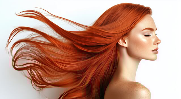 Woman with flowing red hair poses elegantly against a plain background photo